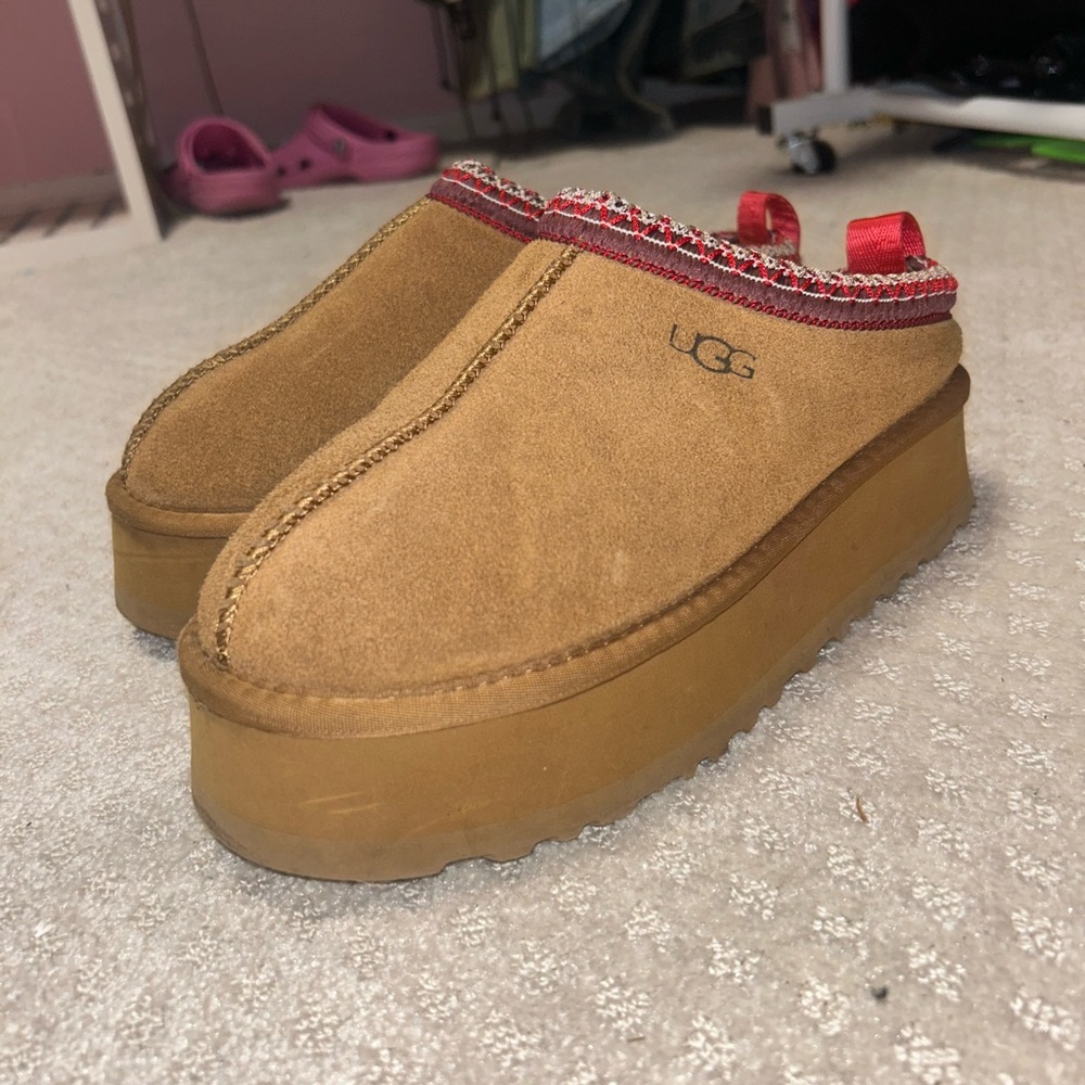 UGG Brown Suede Platform Slippers with Red Trim